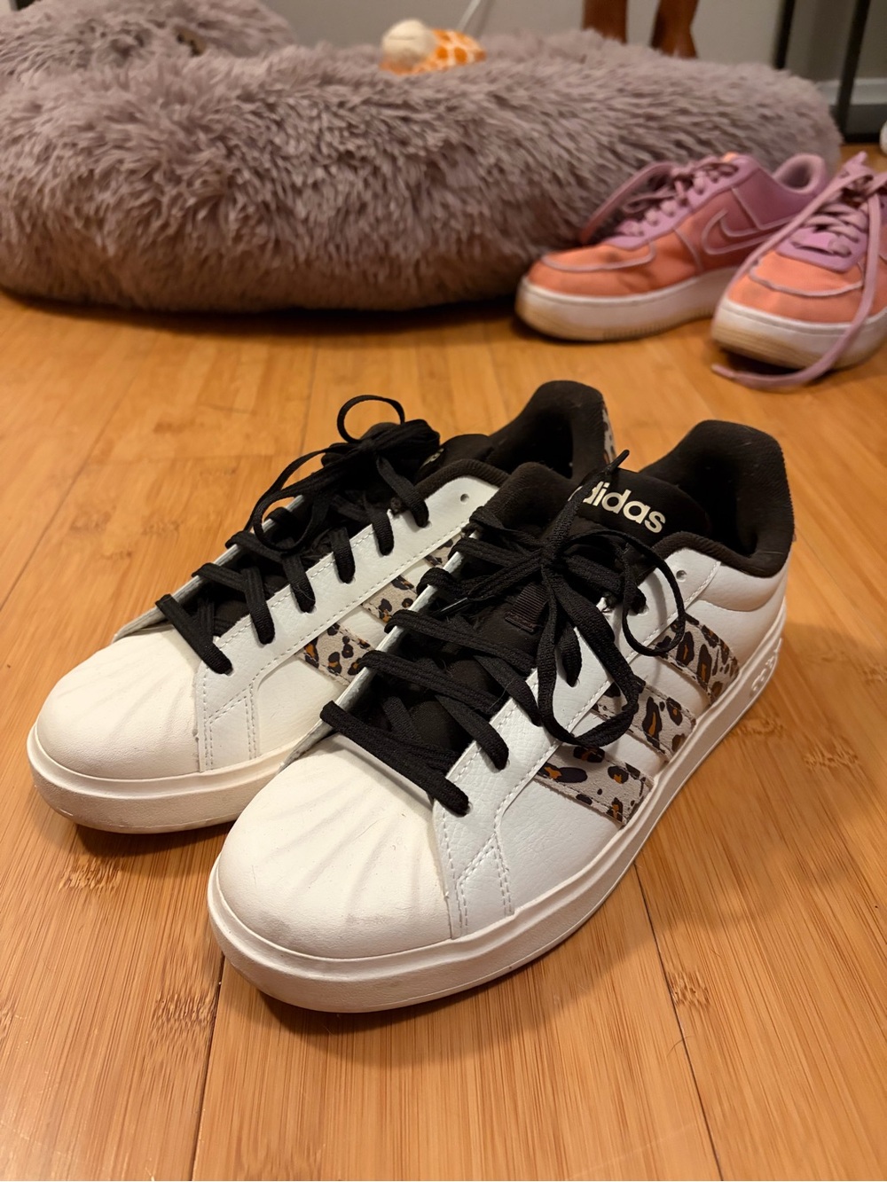 adidas Women's White Sneakers with Black Laces and Leopard Stripes